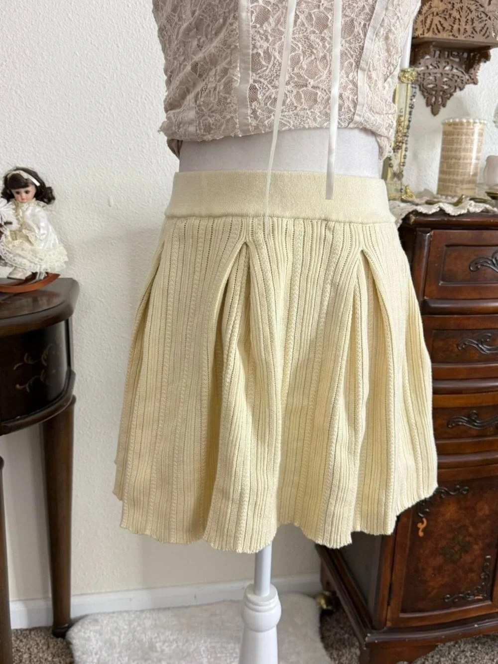 Dainty boho fairy butter‎ yellow knit pleated mini skirt